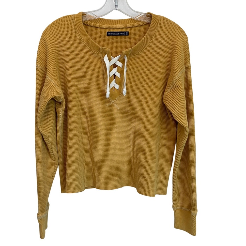 Abercrombie & Fitch XS Mustard Yellow Waffle Knit Lace Up Thermal Top Henley